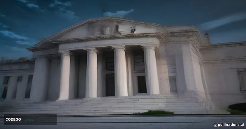 A photorealistic cinematic editorial photograph of the neoclassical Federal Reserve Board headquarters building in Washington