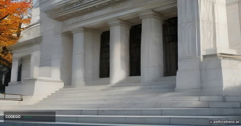 A photorealistic editorial photograph of the Federal Reserve's Eccles Building in Washington D.C. captured from a low dramati