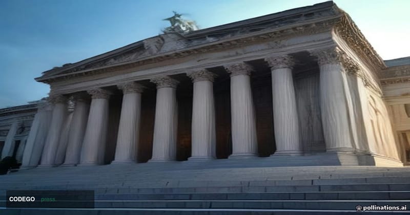A grand neoclassical European central bank building photographed at dusk from a low angle, wide steps leading to tall stone c
