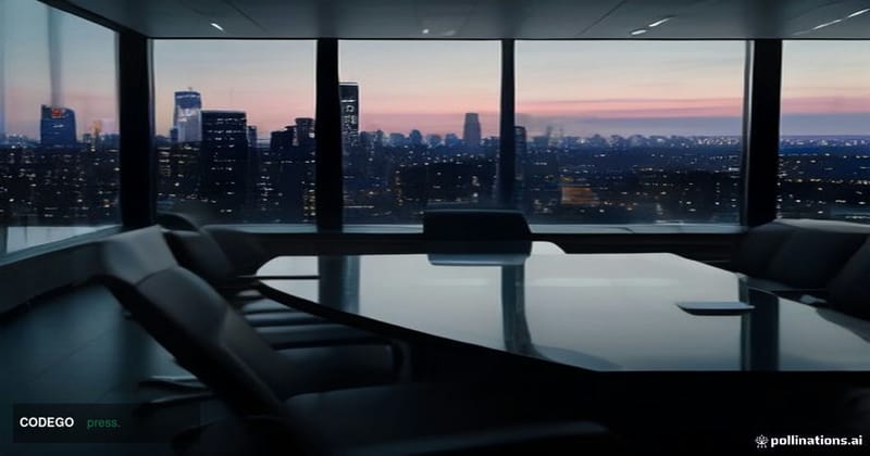 A dramatic cinematic editorial photograph set in a sleek corporate boardroom environment, shot from a low wide-angle perspect