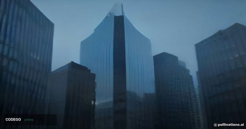 A cinematic editorial photograph taken at ground level looking upward at a sleek glass-and-steel corporate financial tower in