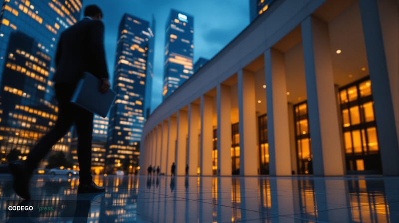 A dramatic wide-angle cinematic editorial photograph taken at dusk inside a monumental European financial district, featuring