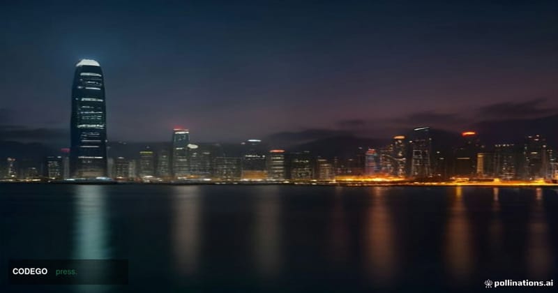 A photorealistic cinematic editorial photograph of a modern Hong Kong financial district waterfront at dusk, with the iconic 