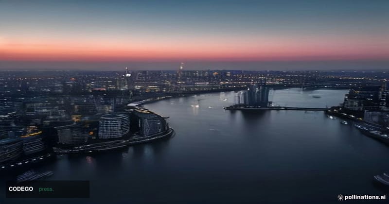 A wide-angle cinematic shot of the City of London financial district at dusk, viewed from across the Thames, with the iconic 