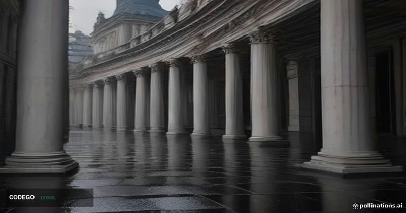 A grand neoclassical stone government building exterior in London — identifiable through its columned Georgian façade, iron r