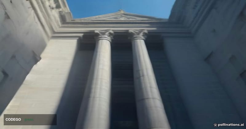 A dramatic low-angle cinematic shot of the Central Bank of Ireland's neoclassical stone headquarters building in Dublin, Irel