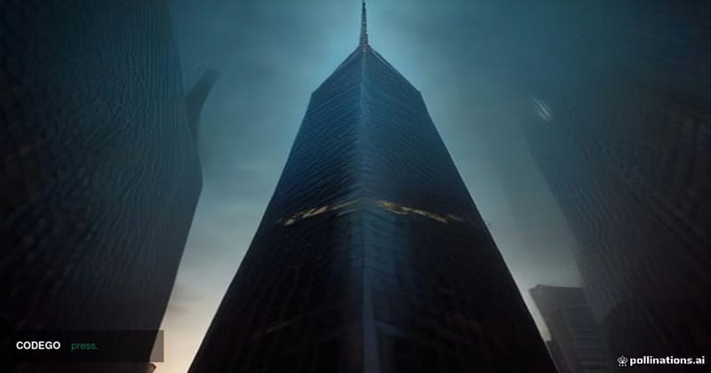 A cinematic editorial photograph shot from a low angle looking up at a monumental glass-and-steel financial tower in Lower Ma