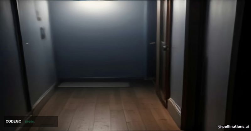 A cinematic editorial photograph shot from a low angle looking up at a dimly lit home entryway, with a single hardware securi