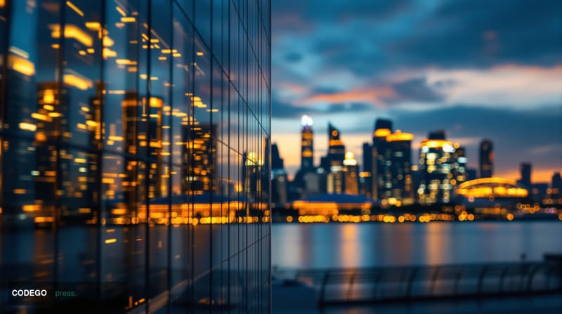 A cinematic editorial photograph of Singapore's financial district skyline at dusk, viewed from the waterfront along the Mari