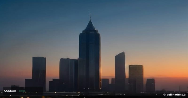 A cinematic editorial photograph of the gleaming, modernist skyline of Nur-Sultan (Astana), Kazakhstan, at dusk, with the ico