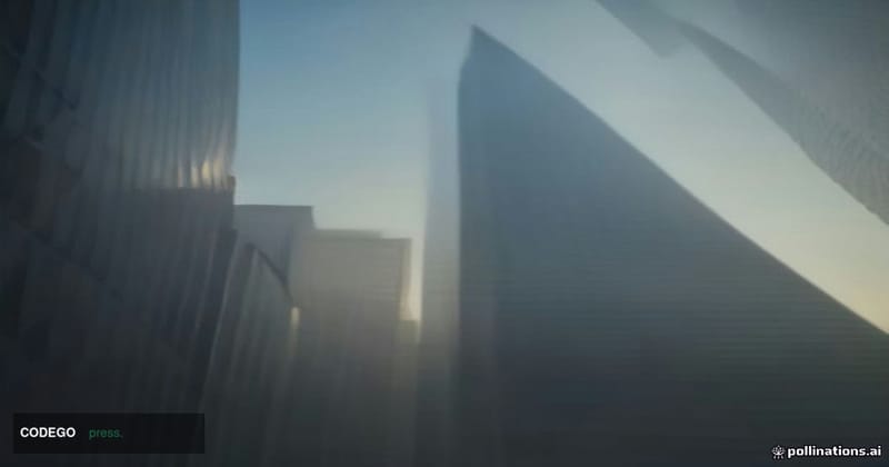 A cinematic editorial photograph shot from a low angle looking up at a sleek, modern financial technology office building in 
