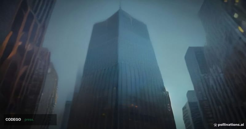 A cinematic editorial photograph shot at ground level looking upward at two intersecting glass corporate towers at dusk, one 