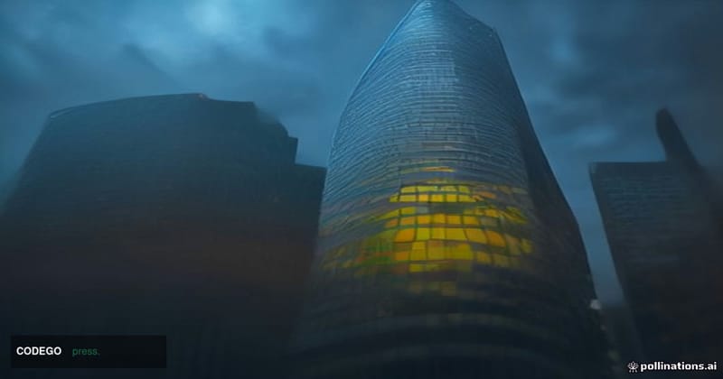 A cinematic editorial photograph shot from a low angle at dusk, looking upward at a sleek modern glass-and-steel banking offi