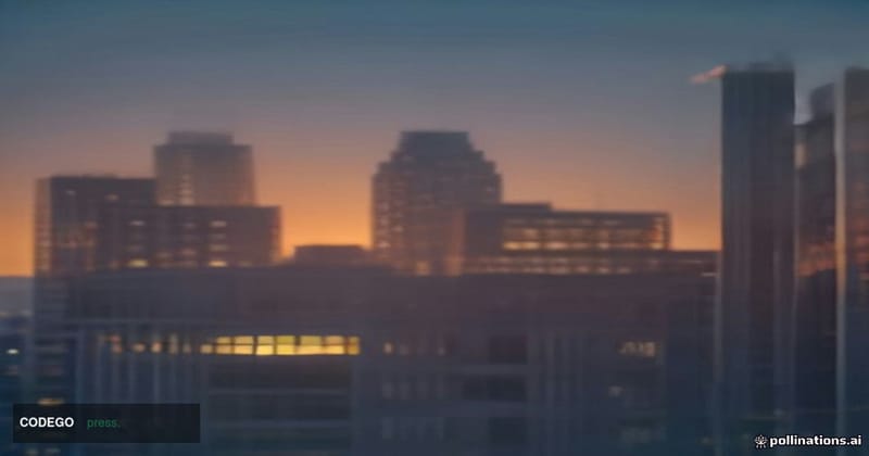 A cinematic editorial photograph depicting a sleek, modern European banking district at dusk, with a warm amber glow emanatin