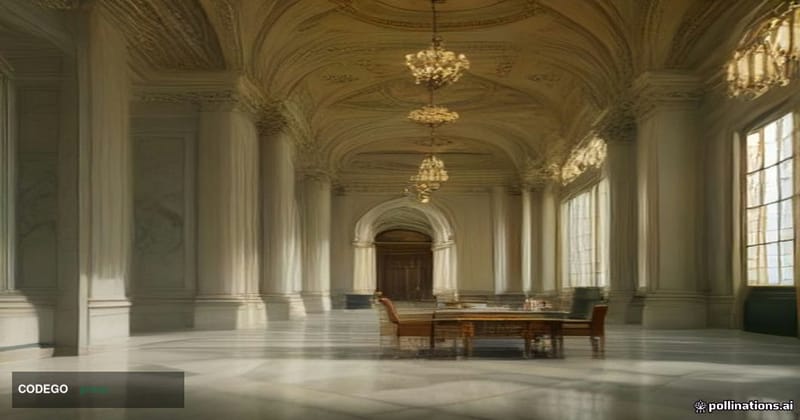 A cinematic editorial photograph set inside a grand neoclassical financial institution interior — tall marble columns, polish