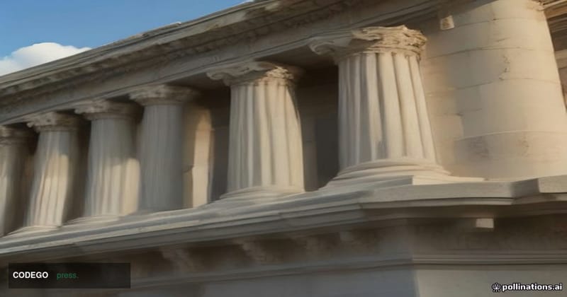 A photorealistic cinematic editorial photograph shot at low angle looking up at the neoclassical stone facade of a mid-sized 