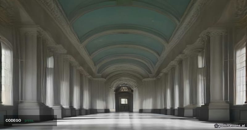 A dramatic photorealistic editorial photograph set inside a grand neoclassical federal building interior, modeled on Washingt