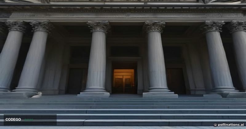 A grand neoclassical federal building in Washington D.C. photographed at dusk from a low-angle perspective, its imposing ston