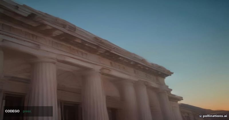 A photorealistic editorial photograph taken from a low-angle perspective looking up at the neoclassical stone façade of a mid