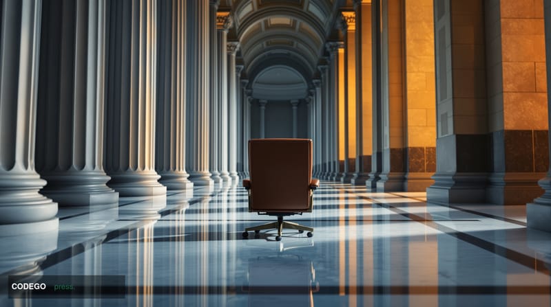 A cinematic editorial photograph of a grand neoclassical government building corridor in Washington D.C., shot from a low ang