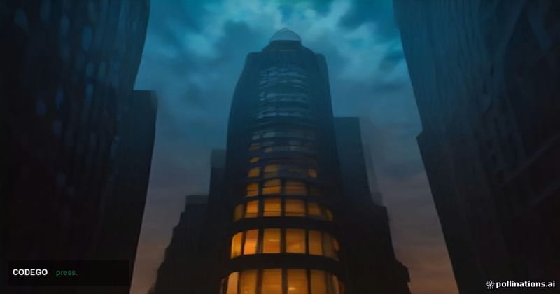A cinematic editorial photograph shot from a low angle looking up at a sleek modern financial technology office building in S