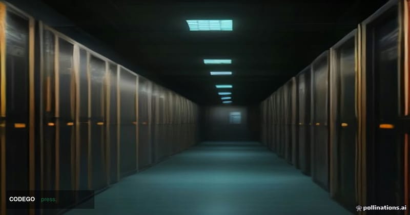 A dimly lit server room corridor shot from a low camera angle looking upward toward rows of glowing rack-mounted hardware, ca