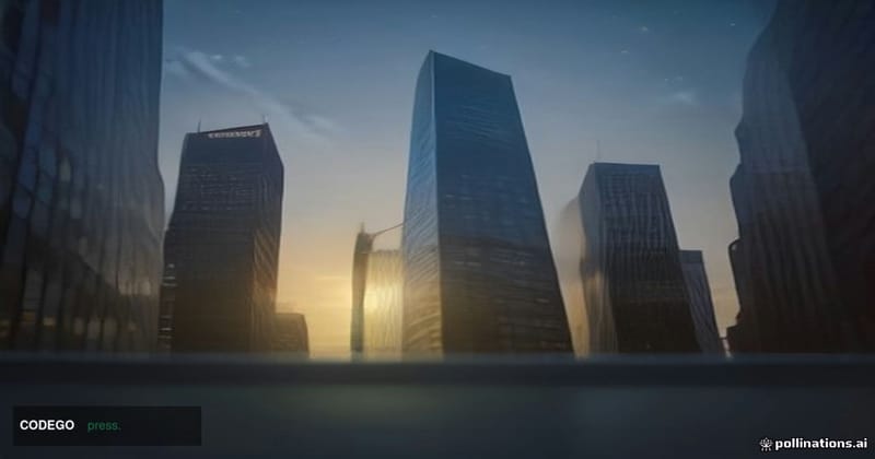 A cinematic editorial photograph shot from a low angle looking up at a sleek, modern financial district glass tower at dusk, 