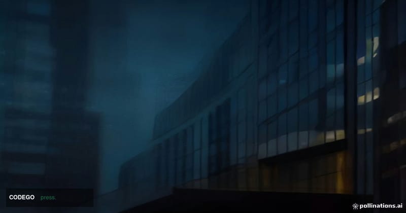 A dramatic cinematic editorial photograph of a sleek, modern glass-and-steel financial district building in London, shot at d