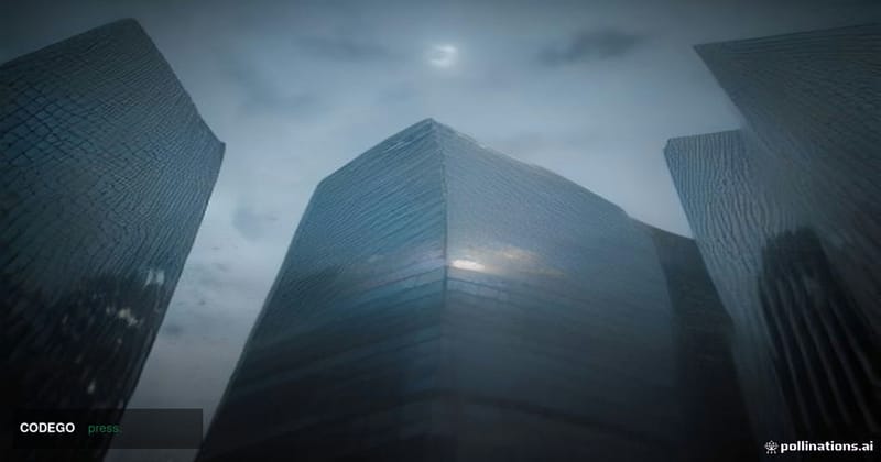 A cinematic editorial photograph shot from a low angle looking up at a sleek, modern glass-and-steel financial district offic