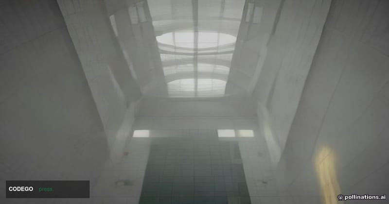 A cinematic editorial photograph set inside a vast, modernist financial institution's atrium — inspired by the neoclassical-m
