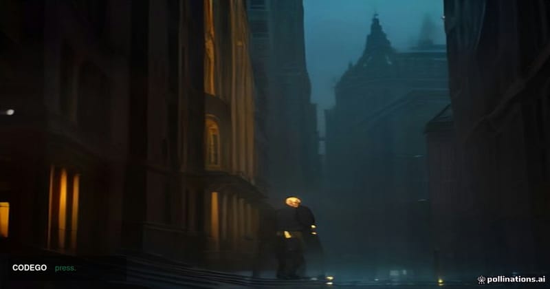 A cinematic editorial photograph of a grand neoclassical financial district street scene at dusk, shot from a low angle looki