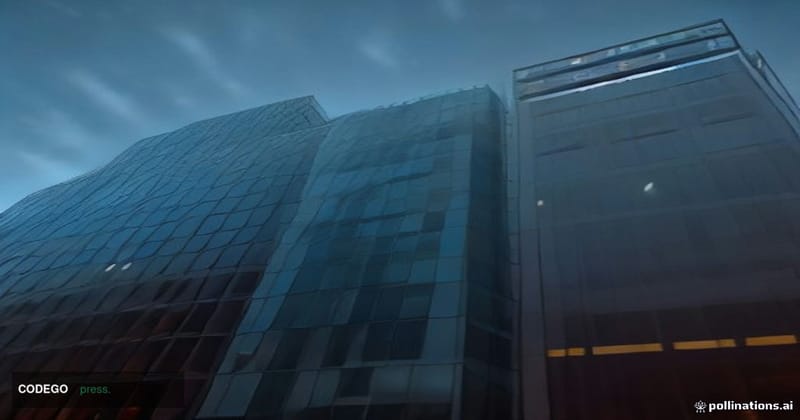 A cinematic editorial photograph taken at ground level looking up at two contrasting modern glass-and-steel corporate headqua