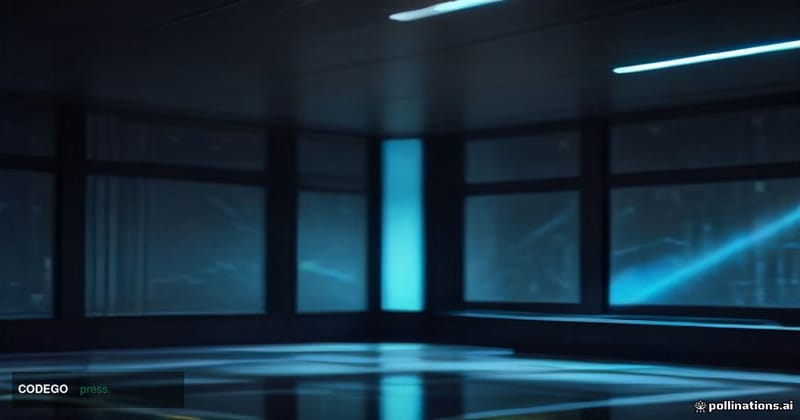 A cinematic editorial photograph of a sleek financial trading floor environment viewed from a low angle, bathed in dramatic a
