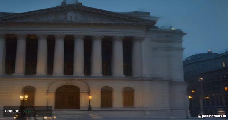 A cinematic editorial photograph capturing a grand neoclassical Russian central bank building at twilight, its imposing stone