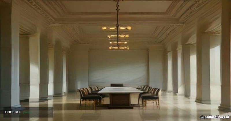 A cinematic editorial photograph set inside a grand neoclassical financial regulatory building interior — marble columns and 