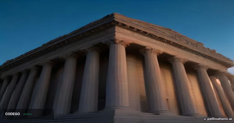 A photorealistic editorial photograph shot from a low angle looking up at the imposing neoclassical stone facade of the SEC's