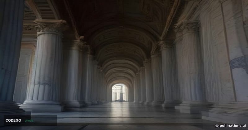 A cinematic editorial photograph taken from a low angle looking up at the grand neoclassical marble columns of the United Sta