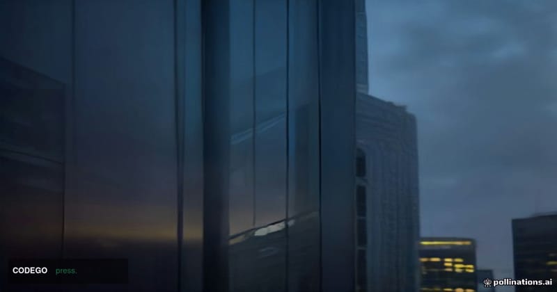 A cinematic editorial photograph shot from a low angle looking up at a sleek, modern American bank branch exterior — glass cu