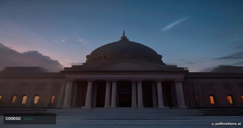 A dramatic low-angle shot of the South Korean National Assembly building in Yeouido, Seoul, captured at dusk with its iconic 