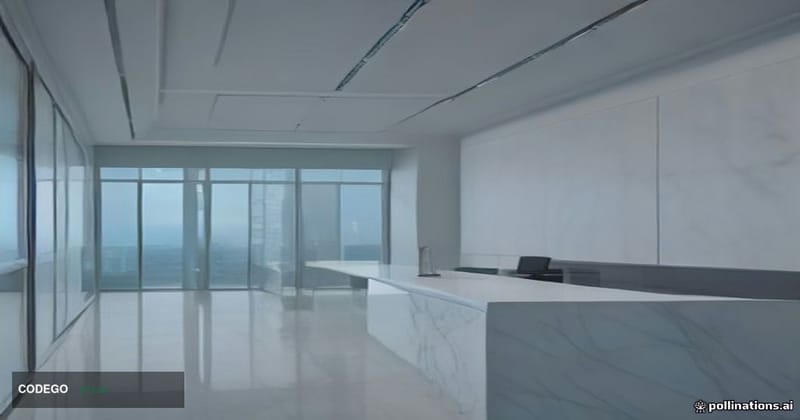 A cinematic editorial photograph set inside a sleek Swiss bank or financial institution's interior — polished white marble fl