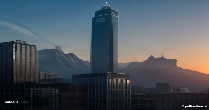A photorealistic editorial photograph of the SIX Swiss Exchange's modernist glass headquarters in Zurich, Switzerland, shot f
