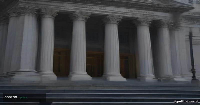 A dramatic cinematic editorial photograph of a grand neoclassical financial district building exterior — evoking the gravitas