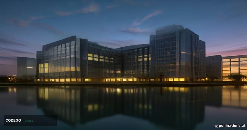 A sweeping exterior view of a modern Indian corporate technology campus at golden-hour dusk, glass-and-steel towers reflectin