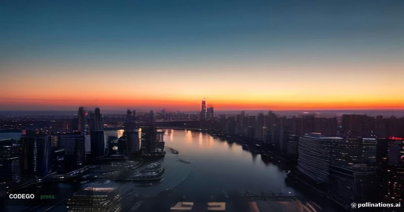 A cinematic aerial dusk photograph looking down at a gleaming financial district waterfront where three distinct architectura