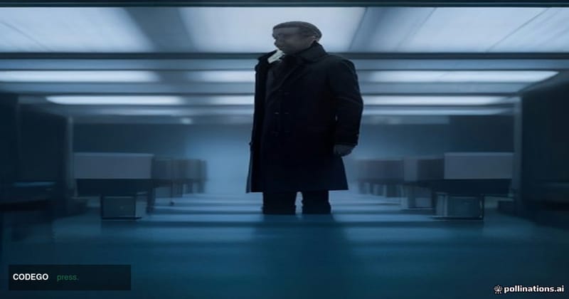 A cinematic editorial photograph set in a dimly lit government operations center, viewed from a low-angle perspective, with a