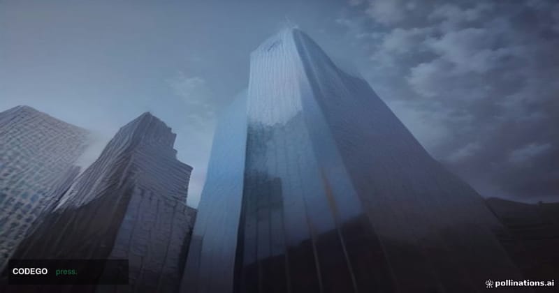 A cinematic editorial photograph of a towering Minneapolis corporate glass skyscraper at dawn, shot from a low angle looking 