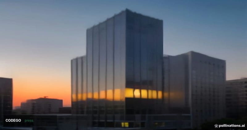 A dramatic low-angle exterior shot of a modern American regional bank headquarters building at dusk, its glass-and-steel faca