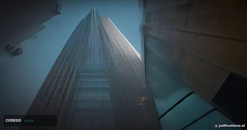 A cinematic editorial photograph shot from a low angle looking up at two contrasting architectural structures side by side — 