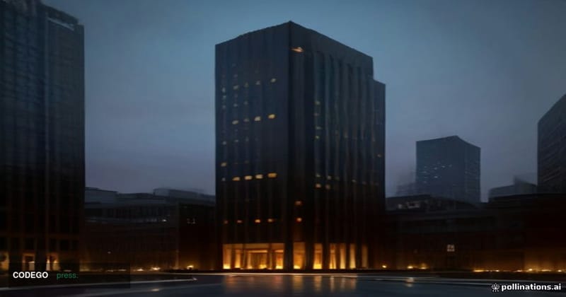 A cinematic editorial photograph of a grand Vietnamese government financial district at dusk, featuring a monumental modernis