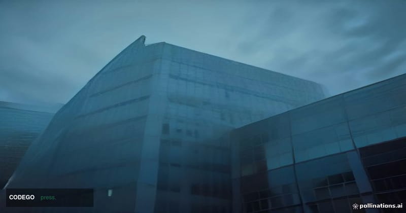 A cinematic editorial photograph shot from a low angle looking up at the modernist glass-and-steel exterior of a major financ